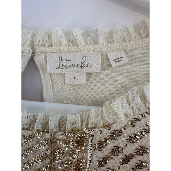 Anthopologie Let Me Be Gold/Cream Sequin Embroidered Flutter Short Sleeve Large - Picture 5 of 9